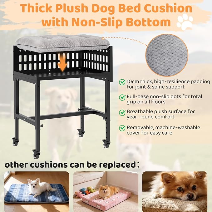 Beside Dog Bed,2 Panels Adjustable Height Dog Bunk Beds,26.8”x18.1” Metal Frame & Cushion, Converts to Bunk Bed or Bed Extension Attachment for Human Bed, for Small Dogs
