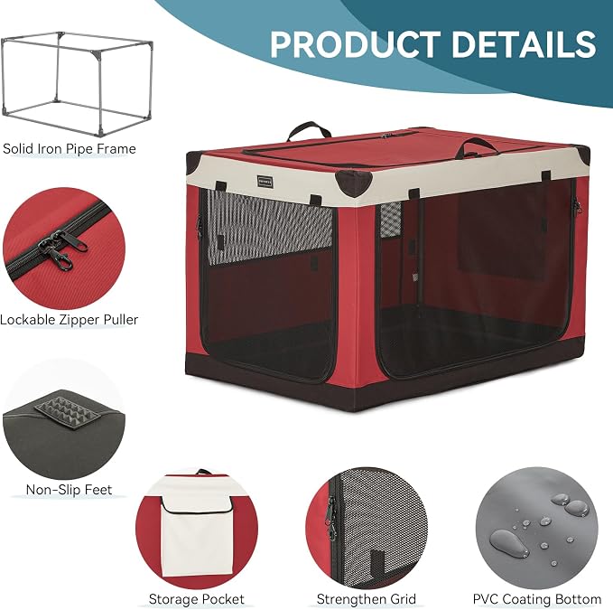 PETSFIT 36" Soft Portable Dog Crate – Patented Spiral Sturdy Frame, Collapsible Travel Kennel for Medium & Large Dogs, 3 Mesh Door, Lockable Zippers, Indoor & Car Use Red
