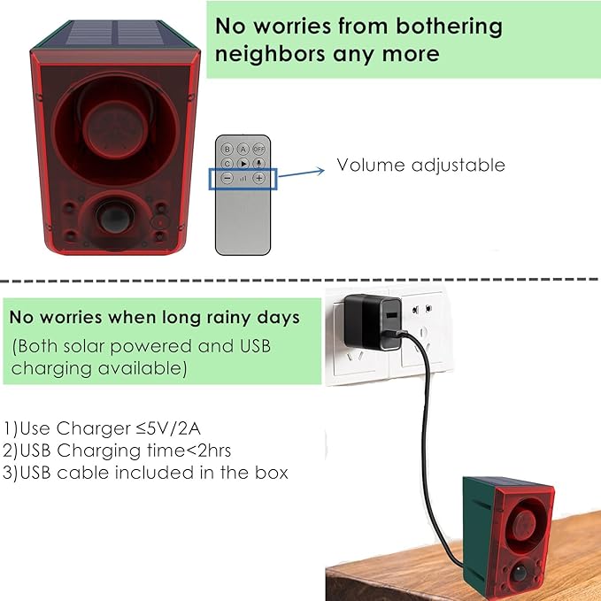 HULPPRE 2pack Solar Outdoor Motion Sensor Alarm-Dog Barking or Gunshot Sound,Support Recording&±Volume,130db Loud Noise Maker,3 Work Modes Strobe Light with USB,Say Goodbye to The Intruders