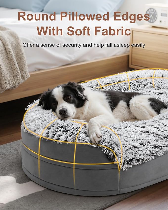 iweepet Fluffy Calming Jumbo Orthopedic Dog Beds for Extra Large Dogs, Supportive Dog Sofa Bed with 3.7 inch 28D Egg-Crate Foam, Removable Washable Plush Cover, Waterproof Lining, 48’’,Grey