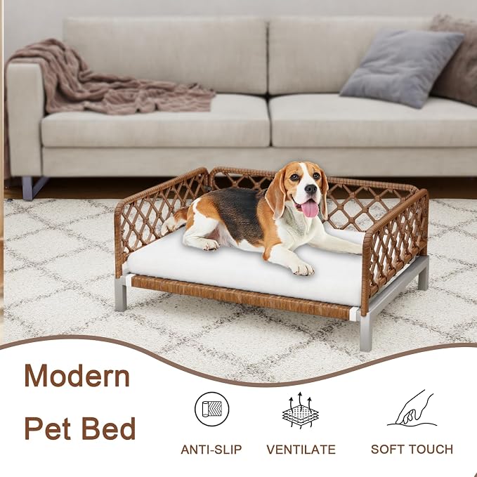 Small Dog Bed, Waterproof Elevated Dog Couch with Washable Removable White Cushion, Boho Rattan Dark Brown Wicker Orthopedic Pet Sofa for Outdoor, Indoor