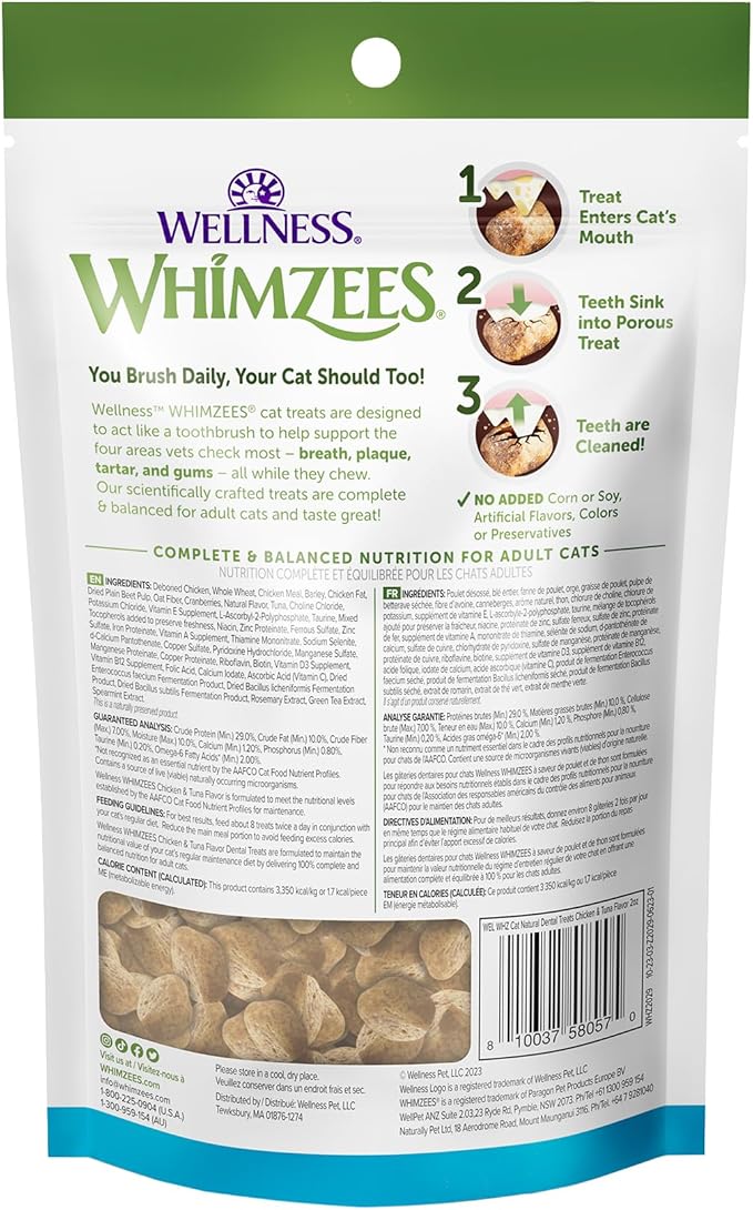 Wellness WHIMZEES Cat Dental Treats, Freshens Breath, Chicken and Tuna Flavor, 2 oz Bag