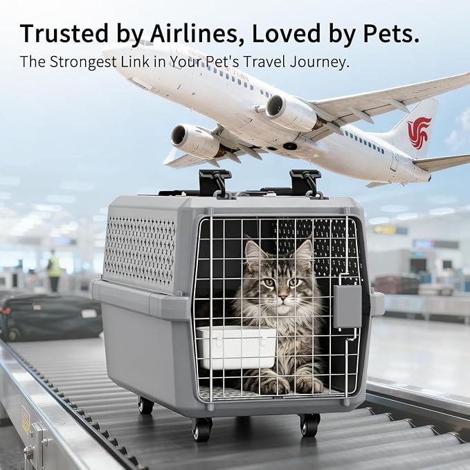 RIZZARI Large Pet Carrier with Wheels, Hard-Sided Rolling Dog and Cat Carrier Up to 25 Lbs, Top Access Travel Crate with Pull Strap, Metal Wire Door, Elevated Floor, Feeding Bowl and Ventilated Design