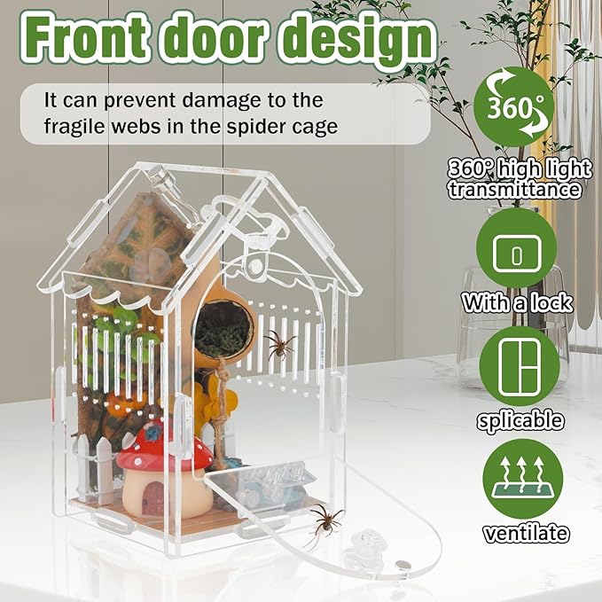 Jumping Spider Enclosure - Internal Dimensions 3.15"x3.15"x5.6" Acrylic Terrarium Kit for Tarantulas/Mantis/Reptiles with Magnetic Door, Ventilation & Easy Assembly
