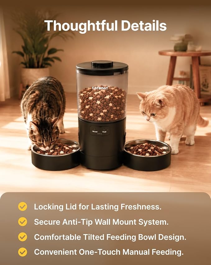 Dual-Camera Automatic Pet Feeder with 2 Bowls, 6L Smart Feeder for 2 Cats | 2K HD Video, App Control, Slow Feed Mode, Up to 20 Meals, 2-Way Audio, Night Vision, iOS/Android, Dry Food Only, Black
