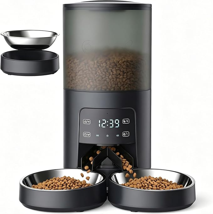 Sweetcrispy Automatic Cat Feeder for 2 Cats, 6L Automatic Pet Feeder, Black | 25.3 Cups, 2 Stainless Bowls, Programmable Schedule, 6 Meals/Day, 50 Portions/Meal, Dual Power Supply, 10s Meal Call