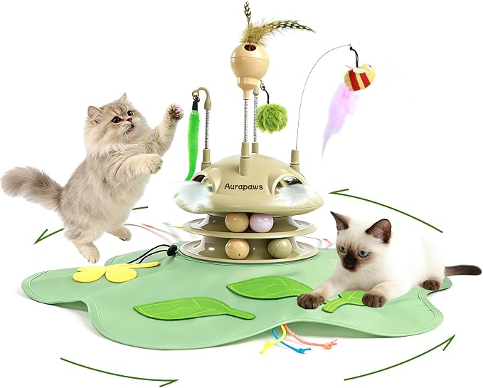 Cat Toys Rechargeable, 6-in-1 Automatic Interactive Cat Toys | Touch Activated Hide and Seek,Moving Feather,Spring Teaser,Treat Dispensing,Dual Track Balls with Chirping for All Breeds
