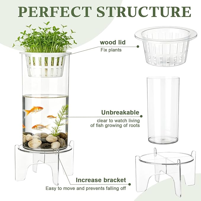 Thenshop 1.87 Gallon Plastic Aquaponic Planter and Aquarium Betta Bowl Fish Aquariums Small Fish Tank with Base and Top Promotes Healthy Hydroponic Environment for Plants (Straight Cylinder)