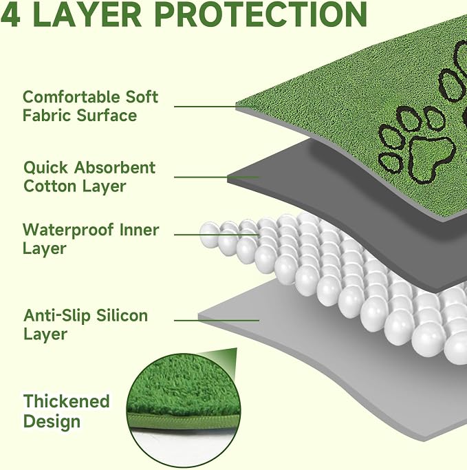 Homimp Washable Pee Pads for Dogs, 4 Pack Super Absorbent Reusable Puppy Pads, Green Long Wool Fake Grass for Potty Training, Upgrade Non-Slip and Leak-Proof,Floor, Couch, Bed, and Crate,Green 30"×34"