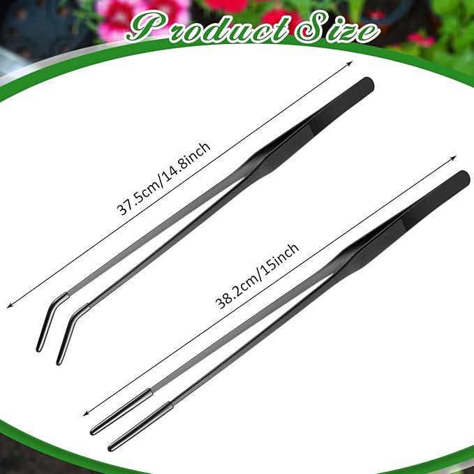 Lasnten 2 Pcs Extra Long Stainless Steel Reptile Feeding Tongs with Rubber Tip 15 Inch Bearded Dragon Aquarium Straight and Curved Long Tweezer Terrarium Feeder Tool for Tank(Black)