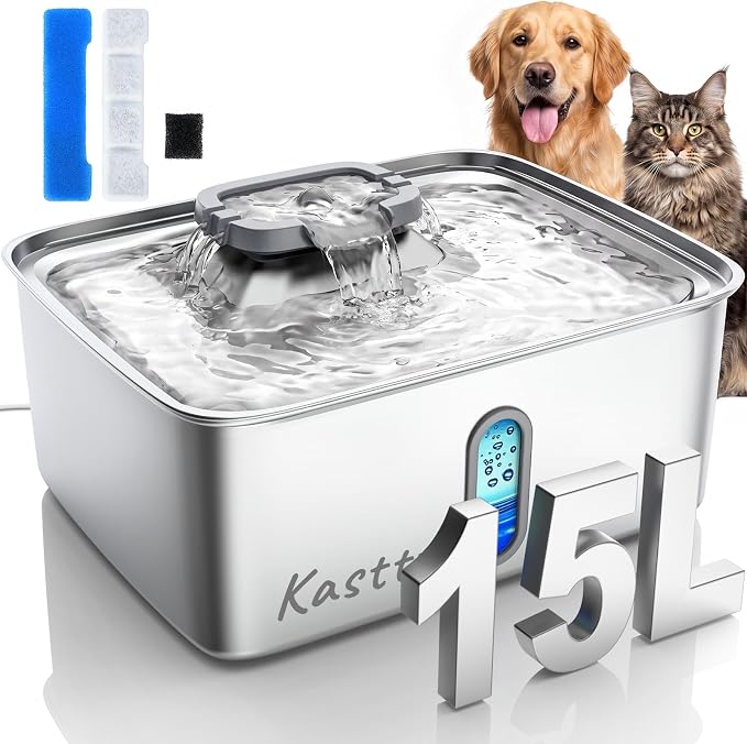 Kastty 4Gal/15L Stainless Steel Dog Water Fountain for Large Multi-Pet | Large Capacity Pet Water Fountain with Water Level LED Light, Ultra Quiet Dog Water Bowl Dispenser, Easy to Clean (FS78,Grey)