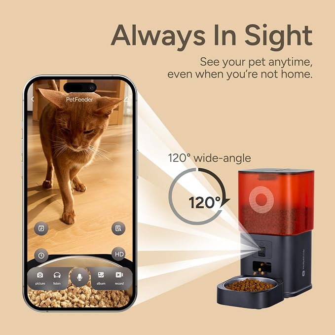 Automatic Cat Feeder with Camera: 6L Automatic Dog Feeder with 2-Way Audio Night Vision Dual Power Supply App Control 2.4G WiFi, Timed Auto Cat Food Dispenser with Stainless Steel Bowl(Black)