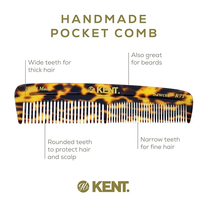 Kent R7T TY Fine and Wide Tooth Hair Comb, Handmade Pocket Comb for Mens Beard and Mustache for Everyday Grooming and Styling, Sawcut Hand polished, Made in England