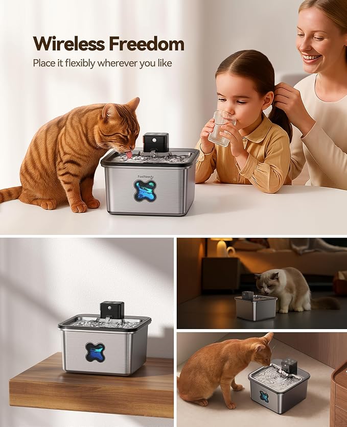Cordless Cat Water Fountain : [Visual Filter] & [Heavy-Duty Stainless Steel] 3.2L/108oz, FEELNEEDY- Premium, Durable Design, 4000mAh Battery Operated Pet Fountain with Sensor, FN-W17 for Cats and Dogs