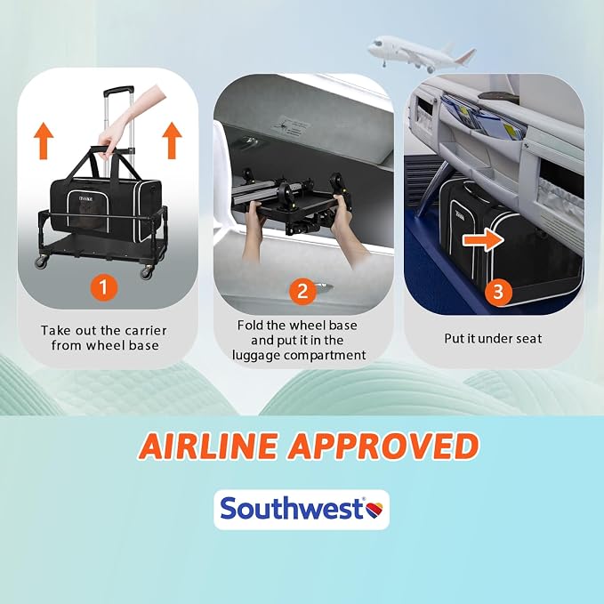 Small Pet Carrier 18"x13"x9.5" with Wheels Airline Approved, Black | for Southwest Airlines, Lockable Safety Zippers and Anti-Scratch Mesh, Pets Under 10 lbs