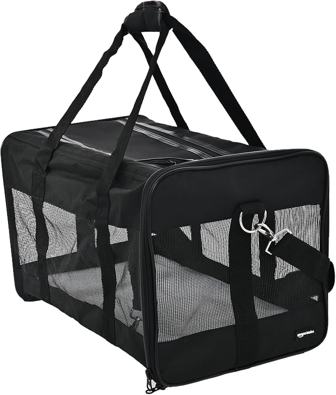 Amazon Basics Airline Approved Soft-Sided Mesh Pet Travel Carrier with Shoulder Strap, Portable, Washable Removable Fleece Pad for Dog, Cat, up to 16 pounds, 16.5" L x 10.6" W x 11" H, Black