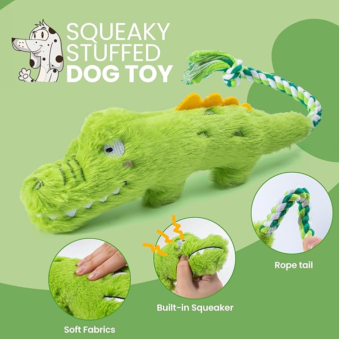 Squeaky Plush Crocodile Dog Toy,with a Rope Tail,Crinkle Stuffed Dog Toy Keep Them Busy Tug of War Training Play, Dog Chew Toy for Small Medium Dogs (Green)