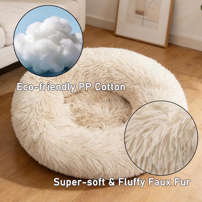 Calming Donut Dog Beds Large Sized Dog - Washable Removable Cover Non-Slip, Round Pet Bed Warming Fluffy Plush Faux Fur Anti-Anxiety Thick Cushion, Fits up to 80 lbs (Beige, 36")