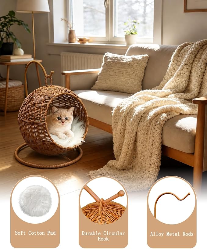 Wicker Cat Bed Indoor & Outdoor, Handwoven PP Rattan Cat Swing Bed with Removable Washable Cushion, Breathable Waterproof Cat House for Cats & Small Dogs (Small–11.4" L × 18.9" H)