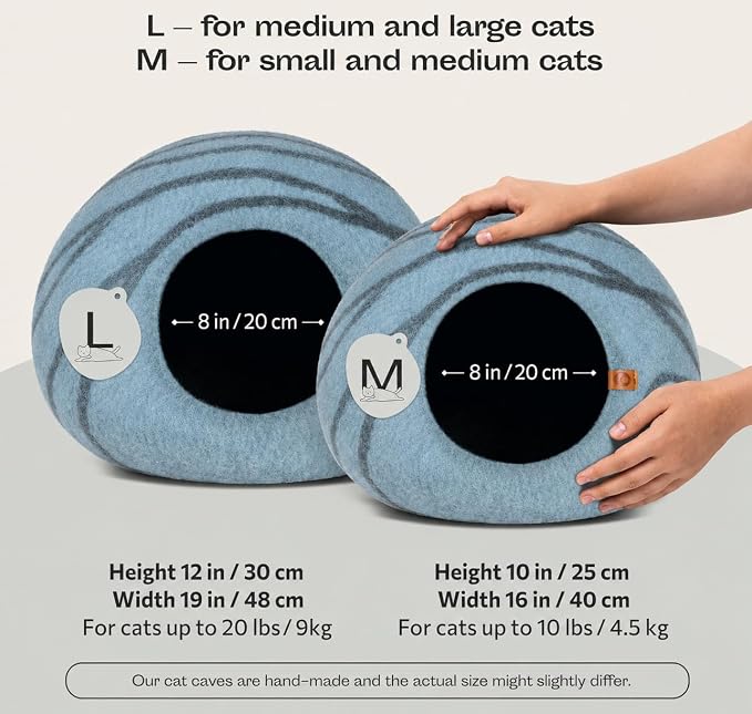 Cat Cave – Premium Felt Cat Bed Enclosure for Indoor Cats, Handmade Merino Wool (Aquamarine, Large)
