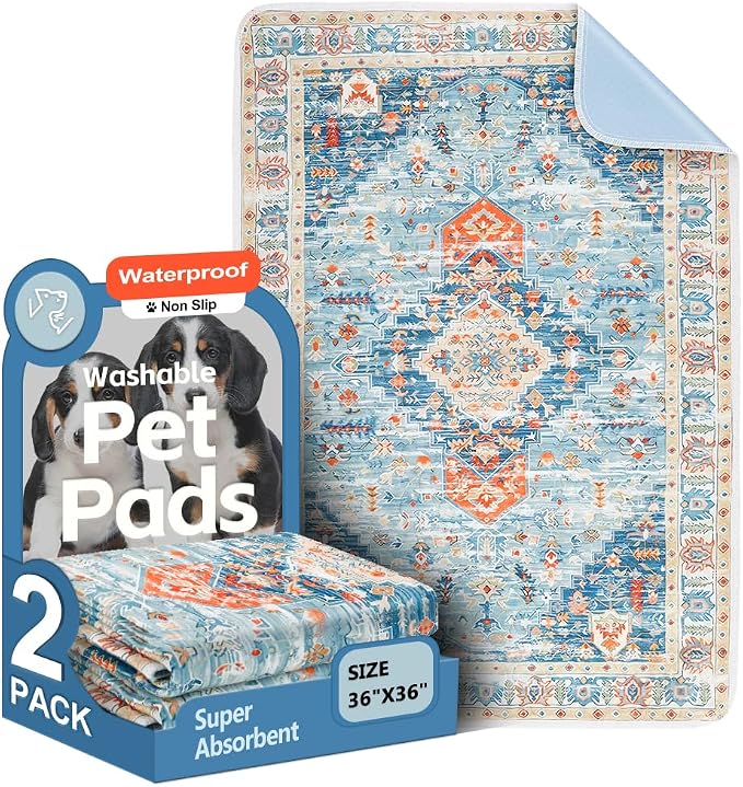 Washable Pee Pads for Dogs, 2 Pack Reusable Puppy Training Pads 36"x36" Super Absorbent Waterproof Dog Training Pads, Non-Slip Potty Pads, Whelping Pads Litter Mat Blue/Mix