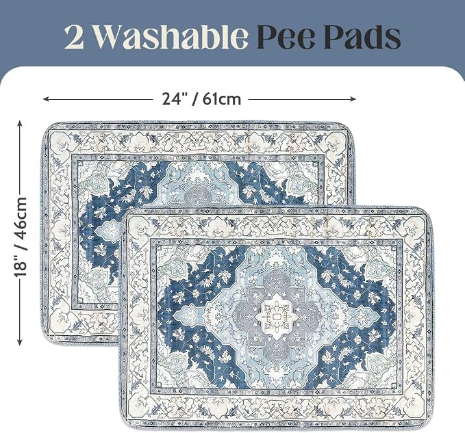 Washable Pee Pads for Dogs, 2 Pack Reusable Puppy Training Pads 24"x18" Super Absorbent Waterproof Dog Training Pads, Non-Slip Potty Pads, Whelping Pads Litter Mat Navy & Ecru