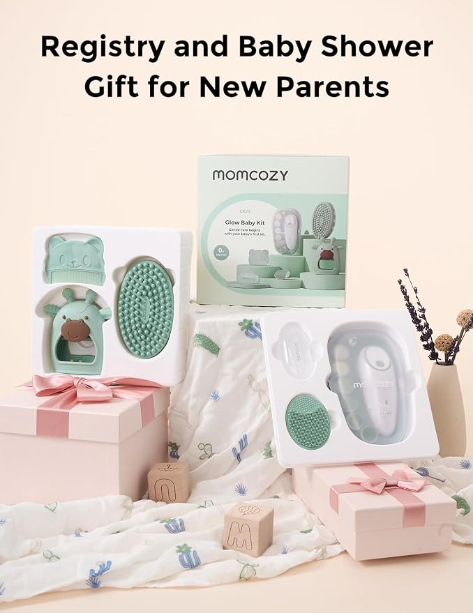 Momcozy Baby Kit, Baby Shower Gift Must-Haves & Registry Essential Kit | Grooming & Cleansing Care Set for Newborn, Electric Nail File, Teether, Bath Brush, Cradle Cap Brush, Comb, Finger Toothbrush