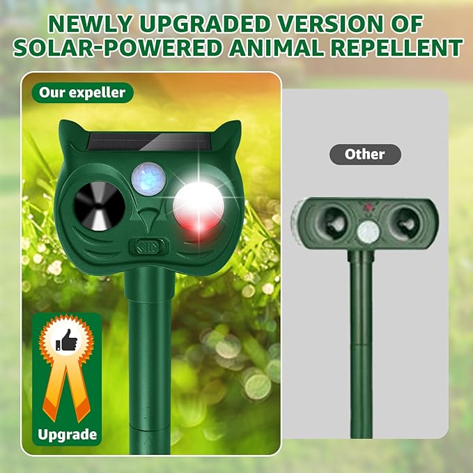 Solar Ultrasonic Animal Repellent Outdoor Motion Sensor Deer Repellent Devices Squirrel Cat Raccoon Rabbit Deterrent with Strobe Light Dual Mode, Keep Skunk Away Protection for Yard Garden Lawn 2PCS