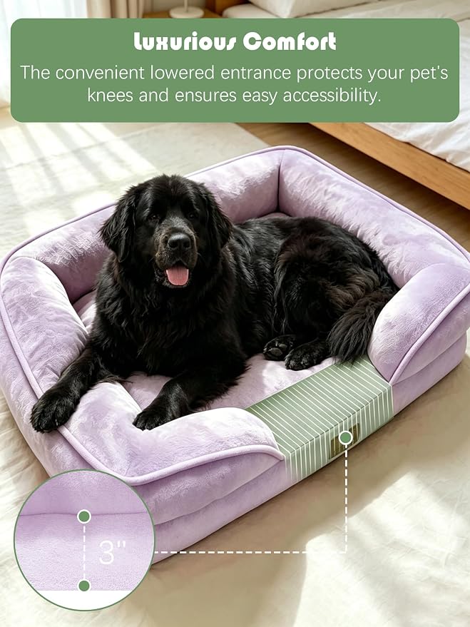 Spotted Play Orthopedic Dog Bed with Sides - Sofa Beds for Extra Large Dogs, Supportive Foam Pet Couch Bed with Washable Removable Cover, Waterproof Lining and Non-Slip Bottom, Purple - XXL