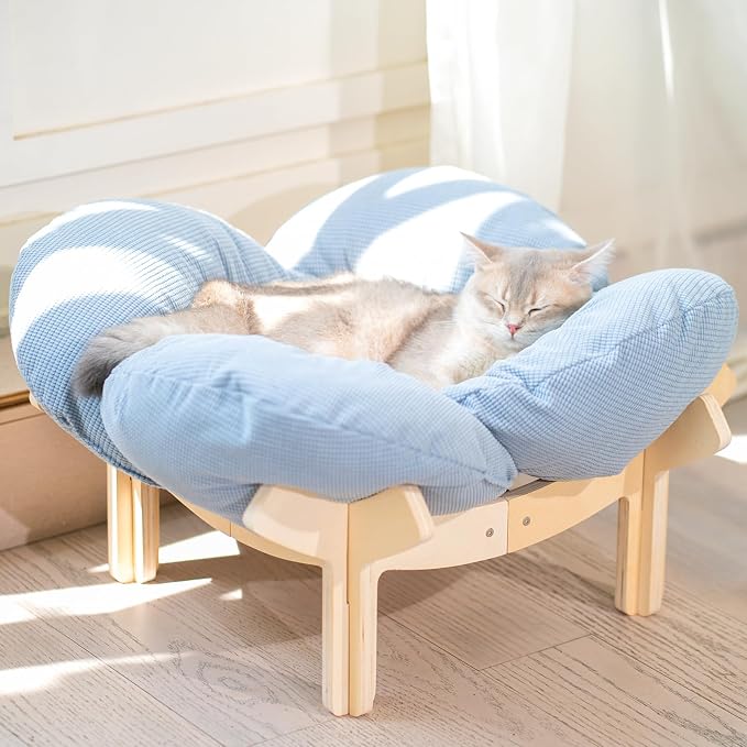 Elevated Cat Bed for Indoor Cats Couch Sofa Flower | Pet Beds with Washable Cushion, Stable Wooden Frame, Raised Cat Hammock & Furniture for Kitty & Puppy All-Season(Light Blue)