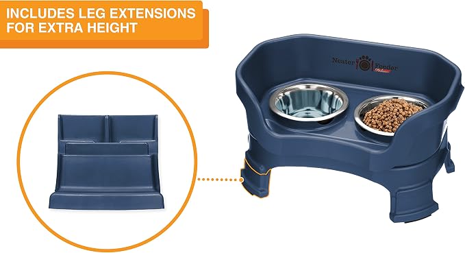 Neater Feeder Deluxe Mess-Proof Elevated Dog Bowls for Small Dogs (Up to 19 lbs), 2 Height Adjustable (6” & 7.5”) No-Spill Raised Dog Bowl Stand, Stainless Steel Food Bowl Set, Made in USA, Dark Blue