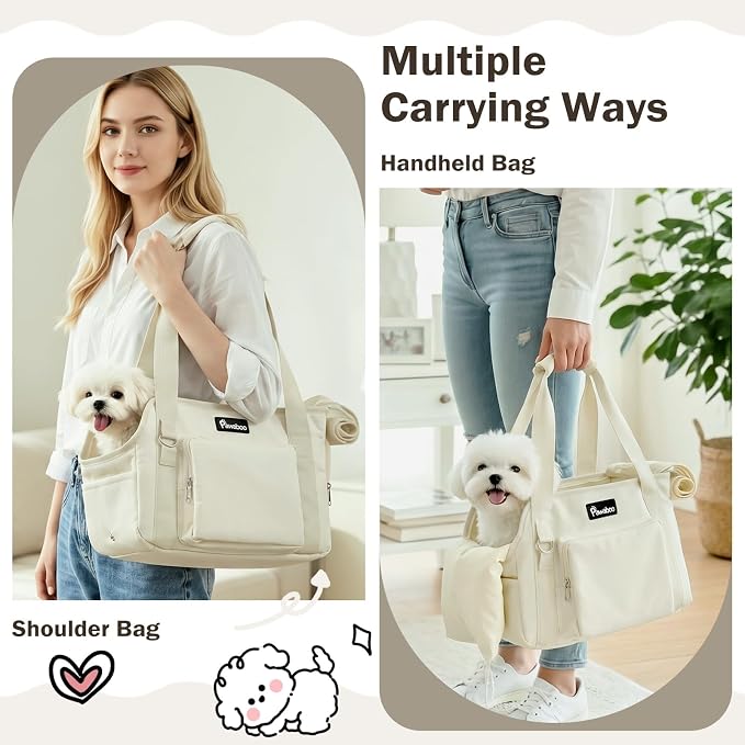 Pawaboo Dog Purse Carrier for Small,Under 9 Lbs | Large Pockets,Safety Leash,Soft Cushion,Breathable Mesh Window,Lightweight Travel,Beige