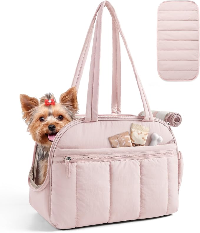 BAGSMART Dog Purse Carrier for Small Dogs Up to 13lbs Puppy Travel Tote Bag | Quilted Puffy Soft Sided Pet Handbag with Pockets, Collapsible Lightweight Portable Carrying with Safety Tether & Mat, Pink