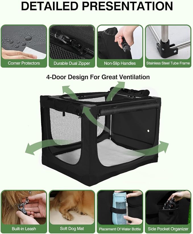 Veraste 42" Soft Collapsible Travel Dog Crate for Large Dogs,Black | 4-Door Foldable Travel Crate,breathable mesh, foldable with storage bag