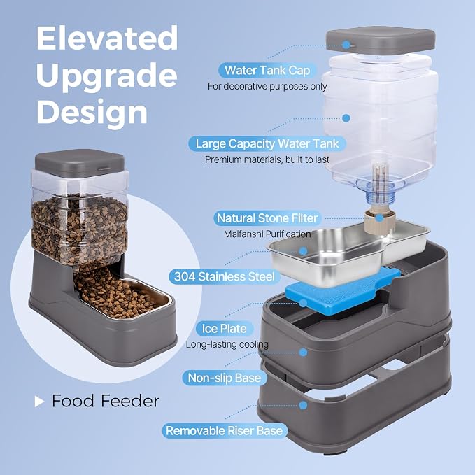 Automatic Cat Feeder and Water Dispenser with Stainless Steel Bowl with Ice Pack Gravity Food Feeder and Waterer Set Feeding Raised Bowls with Filter for Dog 1.3 Gallon x 2(Grey)