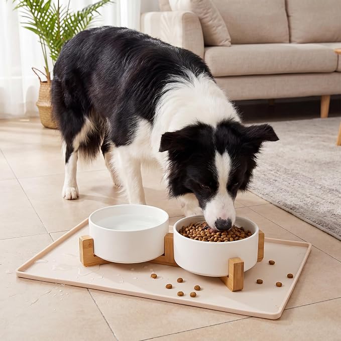 Ceramic Dog Bowl Food Water Bowl Set for Medium Dog with Wood Stand Waterproof Raised Edge Non-Slip Mat 3.6 Cups Glaze Weighted Feeding Dishes for Cat