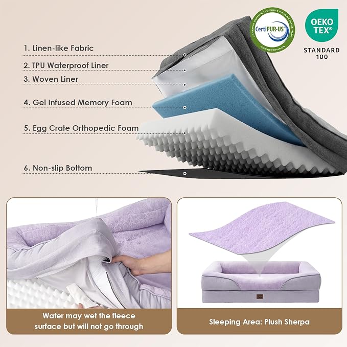 EHEYCIGA Orthopedic Dog Bed for Medium Dog, Memory Foam Dog Couch, Purple | 35x22 Inch Dog Sofa with Sides, Waterproof Liner & Washable Removable Cover, Bolster Pet Couch