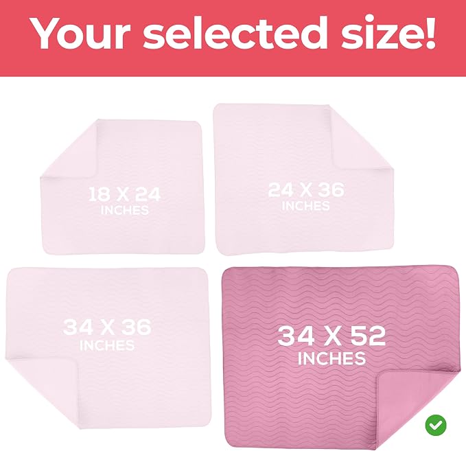 4 Pack Waterproof Reusable Heavy Absorbency Incontinence Bed Pads 34"x52" | Utopia Bedding Washable Underpads, Chuck Pads for Adults, Kids, Elderly and Pets, Bedwetting Pads for Sofa and Couch, Pink