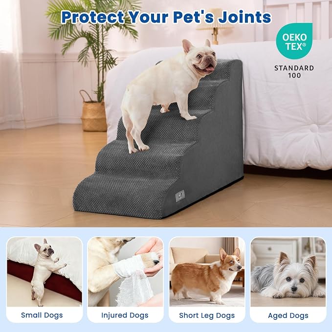 Dog Stairs for High Beds 22.4" H,5-Step Pet Ramp for Small & Medium Dogs | Airpanda Dog Steps with Washable Cover & High-Density Foam,Gentle Curved Design,Ideal for Senior & Short-Legged Dogs,Grey