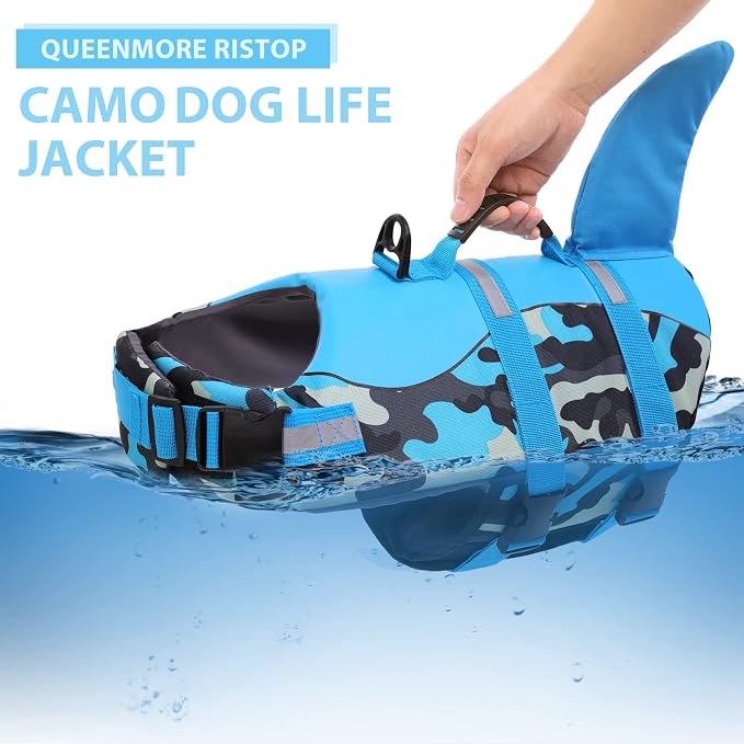 Dog Life Jacket Ripstop Dog Shark Safety Vest Adjustable Preserver with High Buoyancy and Durable Rescue Handle for Small,Medium,Large Dogs, Blue Camouflage Medium