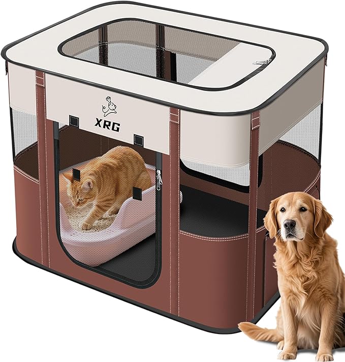 XRG Foldable Pet Playpen,Indoor Cat cage Puppy Crates M(31.5"x23.6"x21.7") | Portable Dog Crates with Upgrade Breathable Mesh，Sturdy Cat Kennel Indoor & Outdoor for Rabbit or Small Animals,Brown