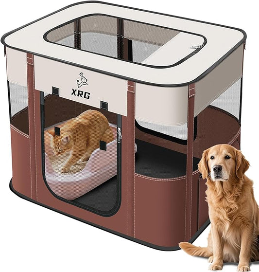 XRG Foldable Pet Playpen,Indoor Cat cage Puppy Crates M(31.5"x23.6"x21.7") | Portable Dog Crates with Upgrade Breathable Mesh，Sturdy Cat Kennel Indoor & Outdoor for Rabbit or Small Animals,Brown
