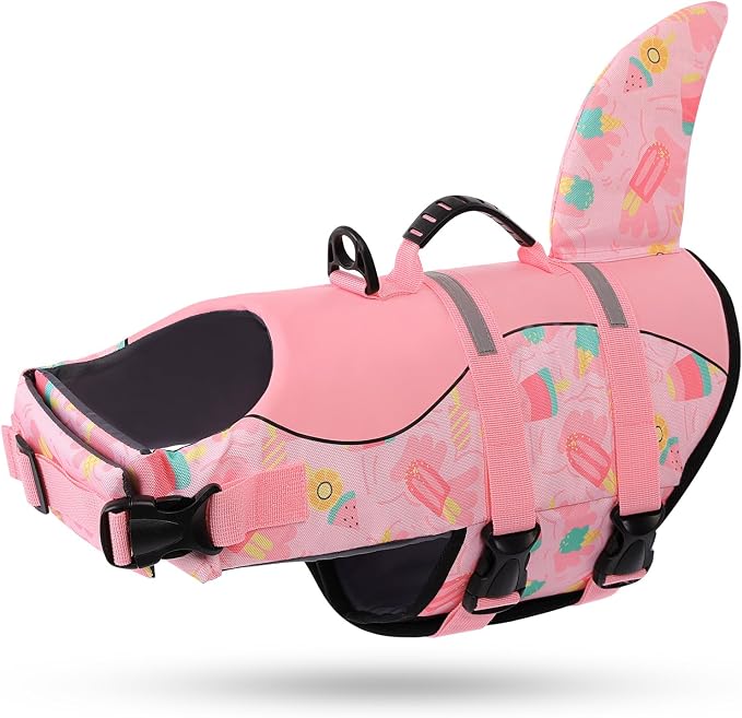Dog Life Jacket High Flotation, Reflective Dog Life Vests for Swimming, Adjustable Dog Life Preserver Rescue Handle Spring Summer Pool for Small, Medium, Large Dogs (Pink Ice Cream,XXL)