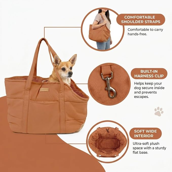 Plush Dog Purse Carrier for Small Dogs, Soft Dog Tote Bag with Safety Harness Clip, Cozy Pet Carrier for Dogs Under 15 lbs, Comfortable Dog Shoulder Carrier for Travel, Brown