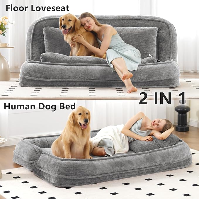 Foldable Lazy Sofa Bed, Double Human Dog Bed for Adults, Light Gray | Skin-friendly Breathable Soft Chenille Upholstered, 5 Adjustable Backrest Positions, 3 Soft Cushions for Living Room