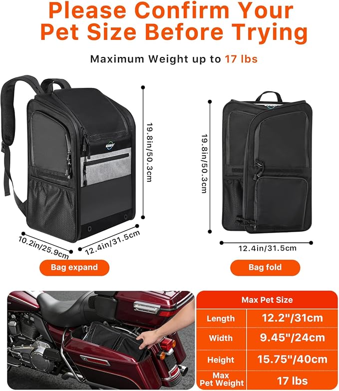 Motorcycle Dog Carrier Bag, 17 lbs for Small Dog & Cat with Stable Frame, Breathable Pet Carrier with Anti-Escape Safety Clip Fit for Street Glide with Passenger Seat Touring Trike Models Can Ams