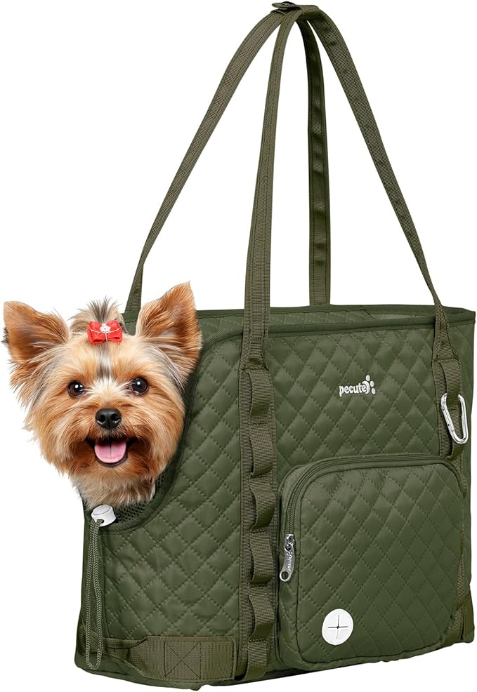 Pecute Dog Purse Carrier, Dog Carrier with Pockets for Small Dogs, Fits Dogs 5 lbs to 9 lbs, Cat and Puppies Tote Bag, Outing, Travel, Vet, Green | Breathable,Foldable,Large Pocket,Built-in safety Rope,Machine washable,Under 9 Lbs