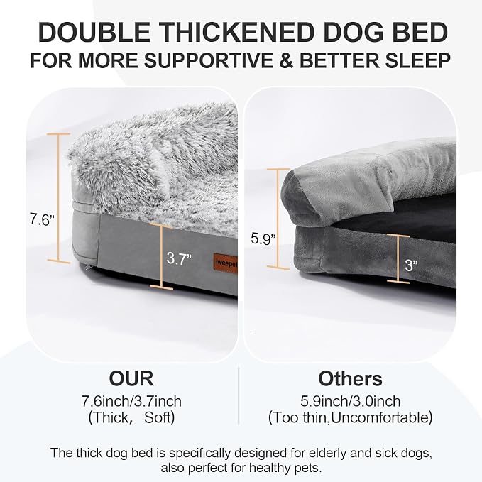iweepet Fluffy Calming Orthopedic Dog Beds for Medium & Large Dogs, Supportive Dog Sofa Bed with 3.7 inch 28D Egg-Crate Foam, Removable Washable Plush Cover, Waterproof Lining, 41'',Grey