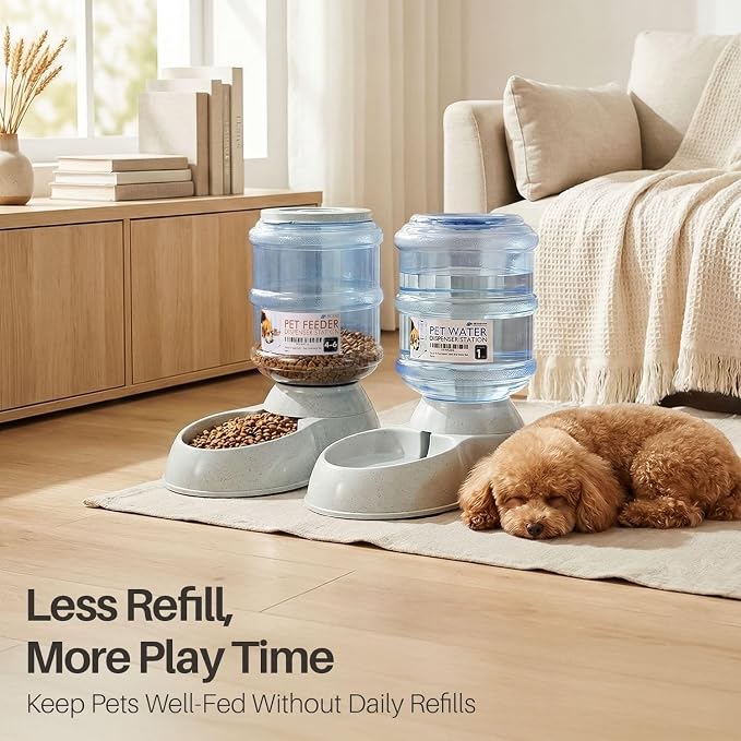 Flexzion Automatic Pet Feeder & Waterer Set of 2 Pack, Self Feeding Replenish Dog Cat Bowls, Gravity Food & Water Storage Container Fountain Jug Pet Supplies Plastic Skid Proof Rubber Feet (1 Gallon) | Self-Replenishing Dry Food Station with Non-Skid F...