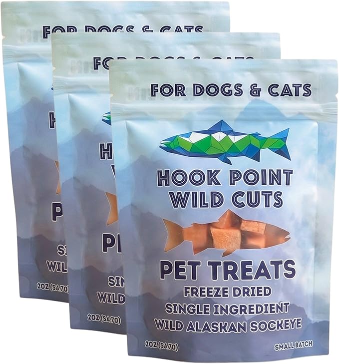 Freeze Dried Sockeye Salmon Pet Treats for Dogs & Cats, Human Grade, Fisherman Direct, Premium Wild Caught Alaskan, Single Ingredient, Omega 3, Natural Healthy Dog Training Treats, Made in USA, 3 Pack